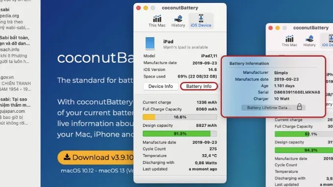 Kiểm tra qua ứng dụng thứ 3 - CoconutBattery