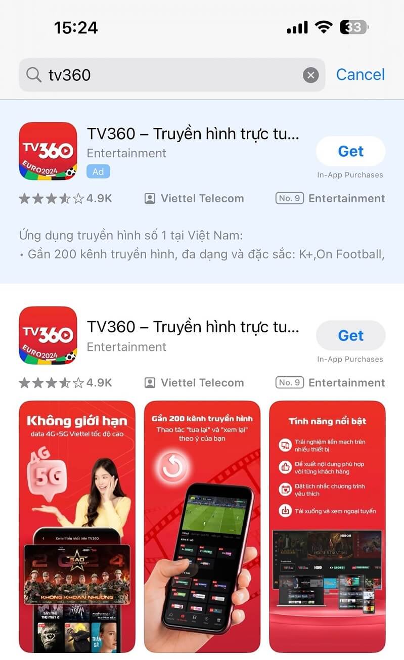 Cách xem K+ trên điện thoại iPhone bằng ứng dụng TV360