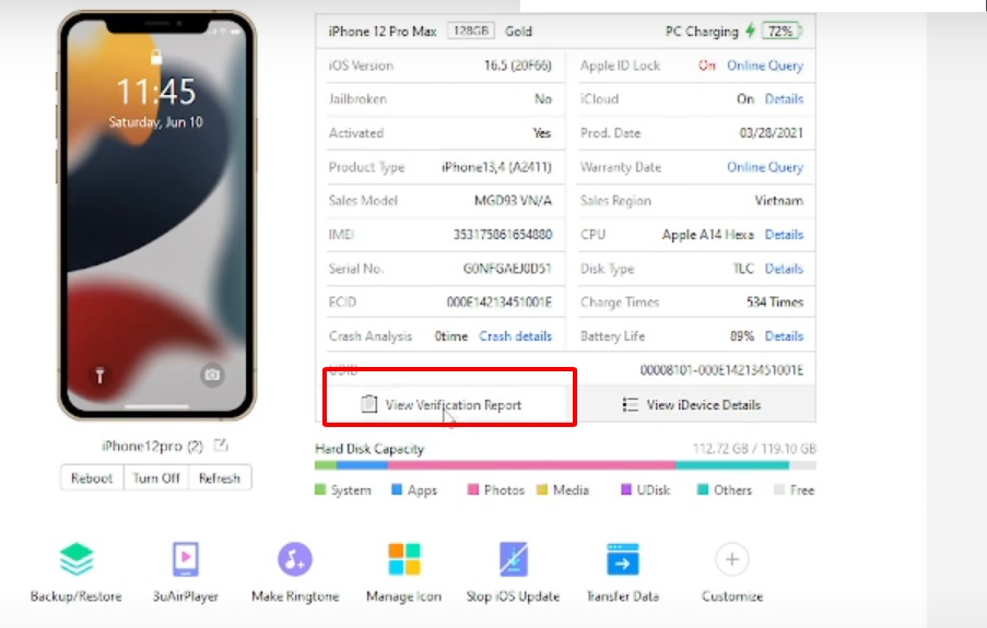 Cách khắc phục iPhone bị đen góc màn hình kiểm tra màn hình chính hãng qua 3uTools