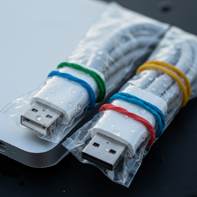 bảo vệ dây sạc Macbook Bước 1: Dùng túi ni lông quấn kỹ hai đầu cắm sạc để chống nước thấm vào, sau đó cố định bằng dây chun.